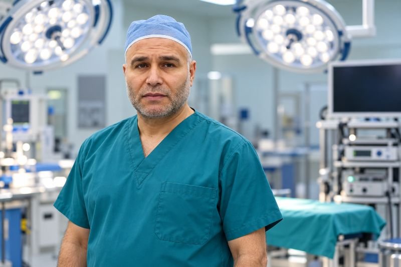 د. أحمد علي العلي في غرفة العمليات بزي جراحي